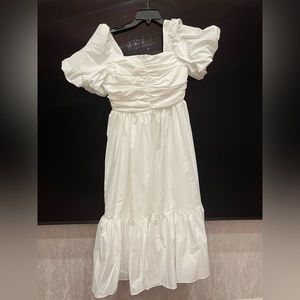 White square neck midi dress with puff sleeves